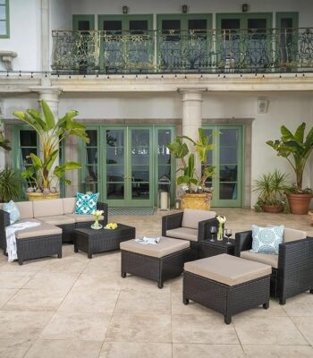 "Modern outdoor rattan wicker patio furniture set with cushioned seating and glass-top table, perfect for garden, balcony, or backyard."