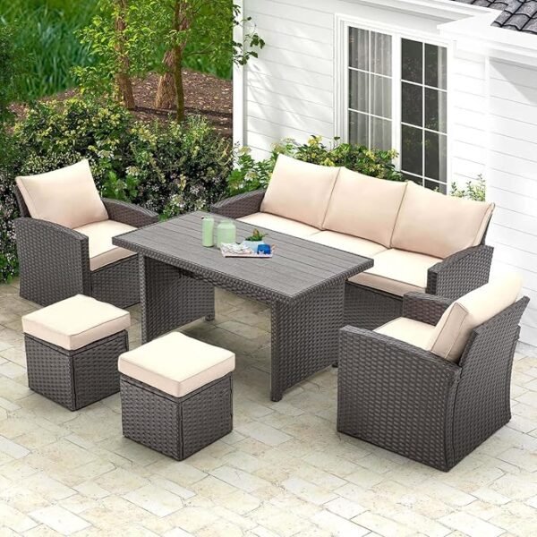 "7-Seater Outdoor Rattan Wicker Patio Sofa Set with Cushions & Round Center Table – Garden & Balcony Furniture"