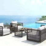 Modern outdoor rattan wicker patio furniture set with weather-resistant cushions for garden, balcony, or backyard seating"