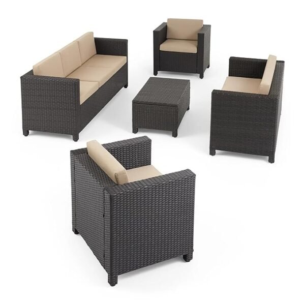 "Modern outdoor rattan wicker patio furniture set with cushioned seating and glass-top table, perfect for garden, balcony, or backyard."