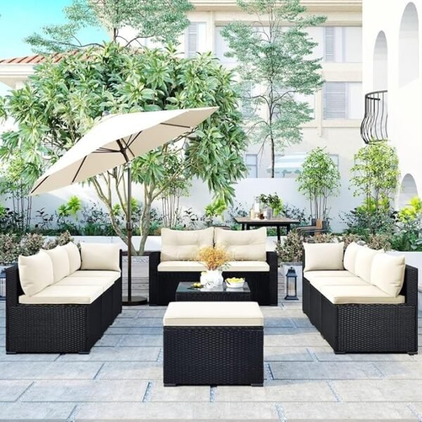 LOCCUS 9 Seater Wicker Rattan Sectional Couch All Weather Conversation Set with Arm Less Chair & Glass Top Center Table - Image 3