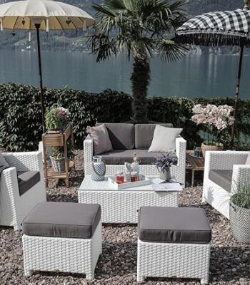 "Modern outdoor rattan wicker patio furniture set with weather-resistant cushions for garden, balcony, or backyard seating"