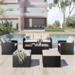 "7-piece outdoor modular sofa set made of durable PE rattan wicker with comfortable cushions, perfect for patio, garden, backyard, or balcony seating.