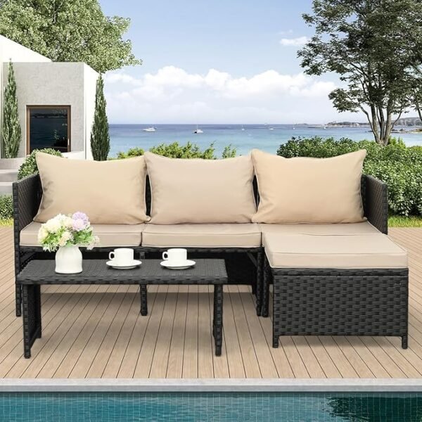 3 pcs all-weather outdoor conversational sofa set with cushioned seating for patio, garden, or poolside use"