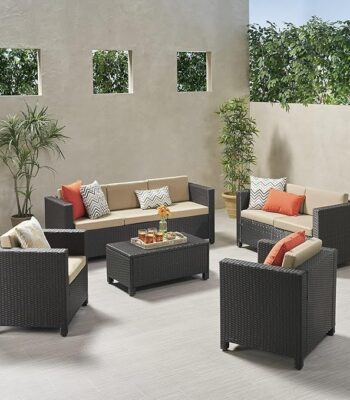 "Modern outdoor rattan wicker patio furniture set with cushioned seating and glass-top table, perfect for garden, balcony, or backyard."