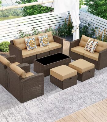 7-piece outdoor conversation set with all-weather wicker, sectional 9-seater couch, center table, and ottomans.