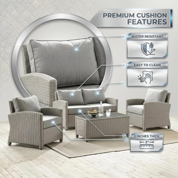 4 Pieces Rattan Sofa Set with Glass Center Table and Soft Washable Cushion for Outdoor Porch, Terrece - Image 6
