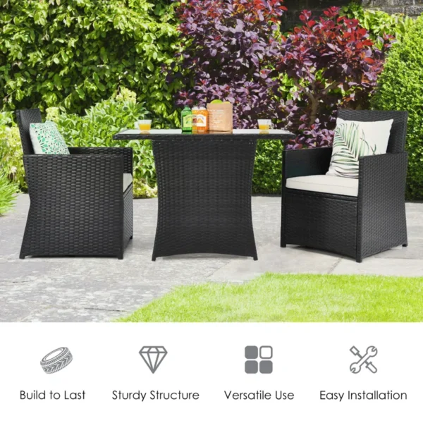 Two rectangular outdoor dining cushions in neutral tones, designed for patio furniture
