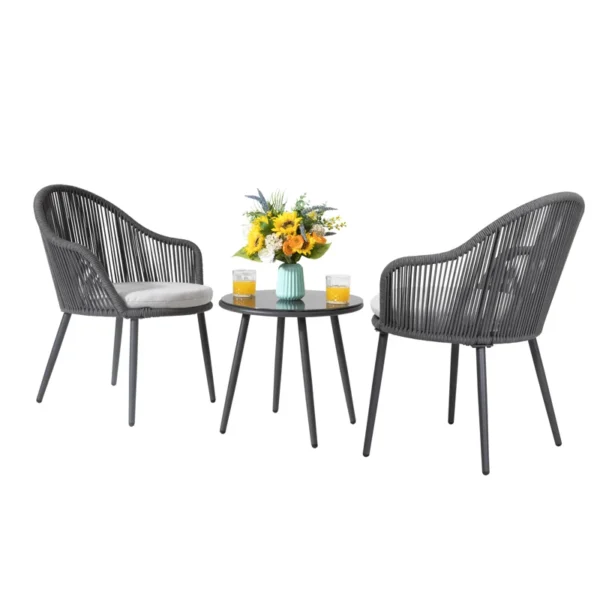 3-piece outdoor patio bistro set with rope detailing and comfortable cushions, featuring two chairs and a round table