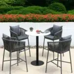 “5-piece outdoor patio rope bar set with dining table and stools in modern woven design”