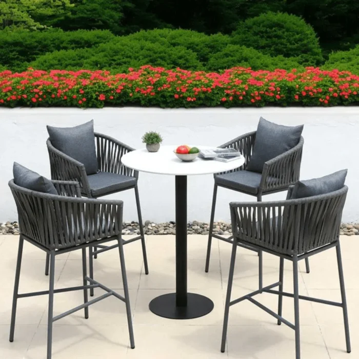“5-piece outdoor patio rope bar set with dining table and stools in modern woven design”