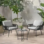 Modern outdoor patio set with two chairs and coffee table, weather-resistant design for garden, balcony, or backyard seating