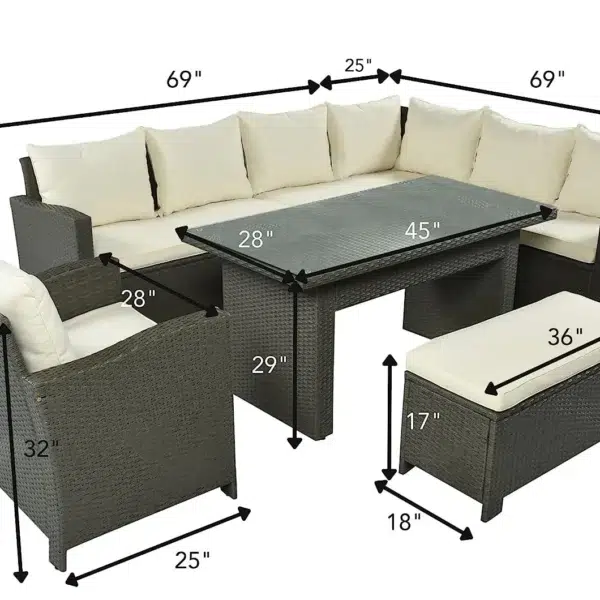 Outdoor rattan wicker L-shaped sofa set with glass-top center table for patio, garden, or balcony seating