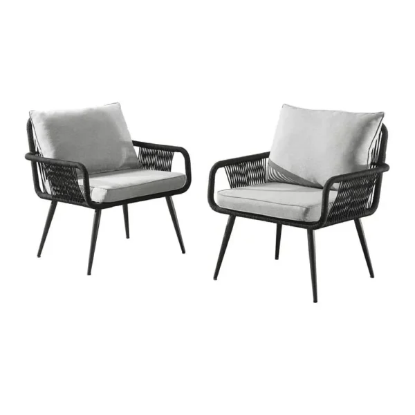 "Modern outdoor patio set with two chairs and coffee table, weather-resistant design for garden, balcony, or backyard seating."