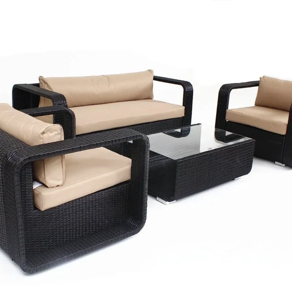 Modern outdoor rattan wicker sofa set with cushions, perfect for patio, garden, and balcony seating.