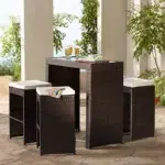 Upgrade your outdoor living space with this stylish 5-piece rattan wicker patio bar set. Includes a bar table and four stools, perfect for entertaining, dining, and relaxing in any outdoor setting. Weather-resistant and easy to clean.”
