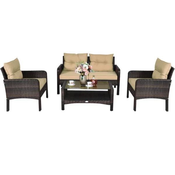 "Modern outdoor rattan wicker sofa set in blue and white with cushions – patio furniture for garden, balcony, or backyard"