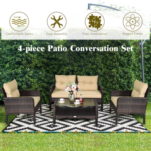 "Outdoor Rattan Wicker Sofa Set – Blue & White Patio Furniture with Cushions for Garden, Balcony & Backyard"