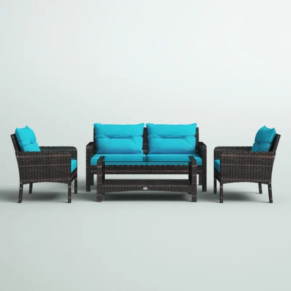 Modern outdoor rattan wicker sofa set in blue and white with cushions – patio furniture for garden, balcony, or backyard