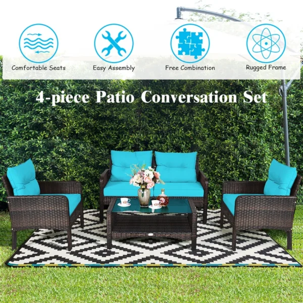 Modern outdoor rattan wicker sofa set in blue and white with cushions – patio furniture for garden, balcony, or backyard