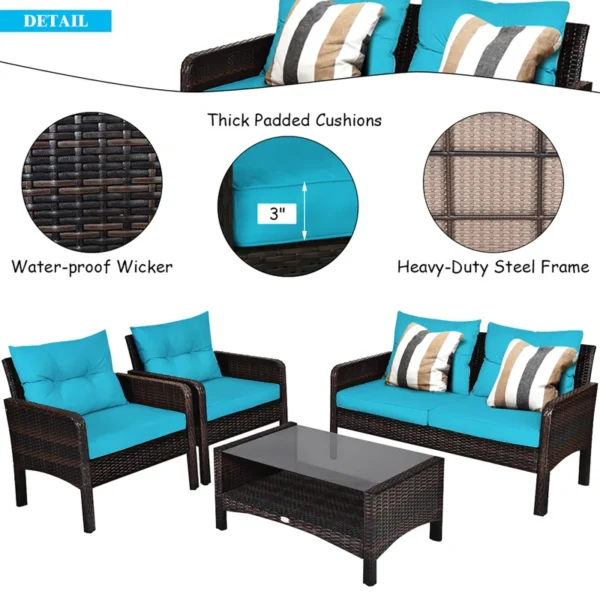 Modern outdoor rattan wicker sofa set in blue and white with cushions – patio furniture for garden, balcony, or backyard"
