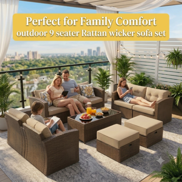 LOCCUS 7 Piece Outdoor Conversation Patio Furniture Set - Dark Brown & Cream - Image 10