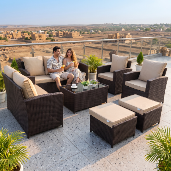 LOCCUS 7 Piece Outdoor Conversation Patio Furniture Set - Dark Brown & Cream - Image 2