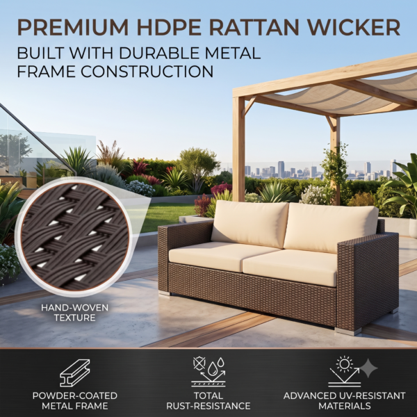 LOCCUS 7 Piece Outdoor Conversation Patio Furniture Set - Dark Brown & Cream - Image 9