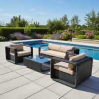 LOCCUS 4-Piece Rattan Sectional Set - Dark Brown and Cream