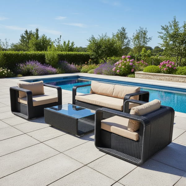 LOCCUS 4-Piece Rattan Sectional Set - Dark Brown and Cream