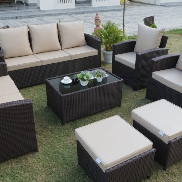 9-Seater Outdoor Rattan Wicker Sofa Set with Cushions and Ottoman for Patio or Garden