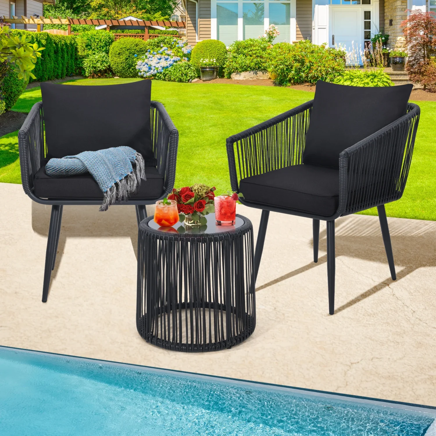 “3-piece outdoor patio bistro set with rope detailing, including two chairs and a round table, perfect for small balcony or garden seating.”