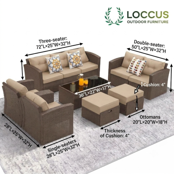 LOCCUS 7 Piece Outdoor Conversation Patio Furniture Set - Dark Brown & Cream - Image 4