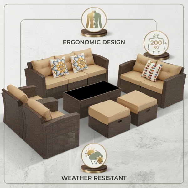 LOCCUS 7 Piece Outdoor Conversation Patio Furniture Set - Dark Brown & Cream - Image 8