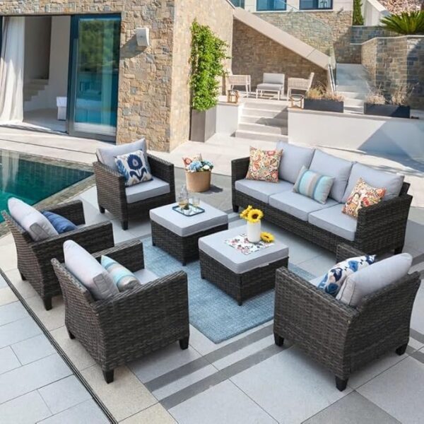 8-Seater Outdoor Rattan Wicker Sofa Set with Cushions and Ottoman for Patio or Garden