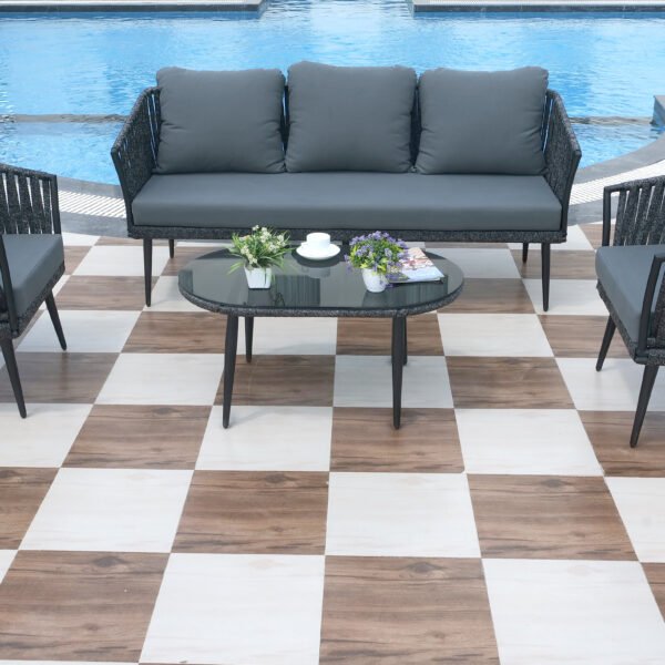 Outdoor 4-piece grey rope sofa set with centre table on patio