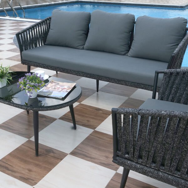 Outdoor 4-piece grey rope sofa set with centre table on patio