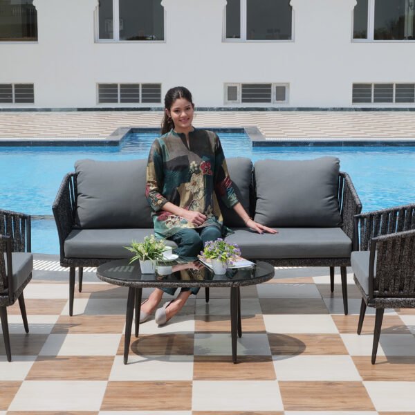Outdoor 4-piece grey rope sofa set with centre table on patio