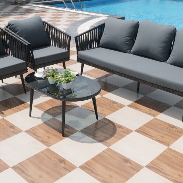 Outdoor 4-piece grey rope sofa set with centre table on patio