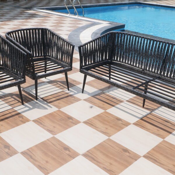Outdoor 4-piece grey rope sofa set with centre table on patio