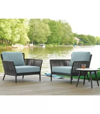 Perfect blend of comfort and design, this 3-piece outdoor bistro set with rope chairs and glass-top table is ideal for patio, balcony, garden, or poolside relaxation.