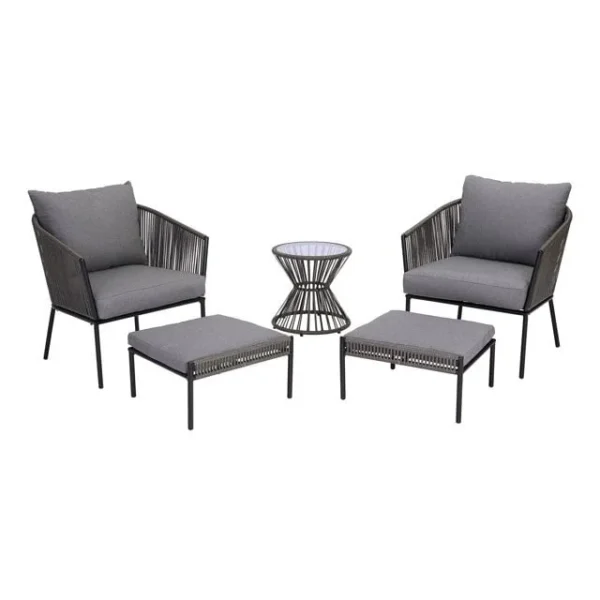 Rope chair and center table patio set in modern outdoor garden setting