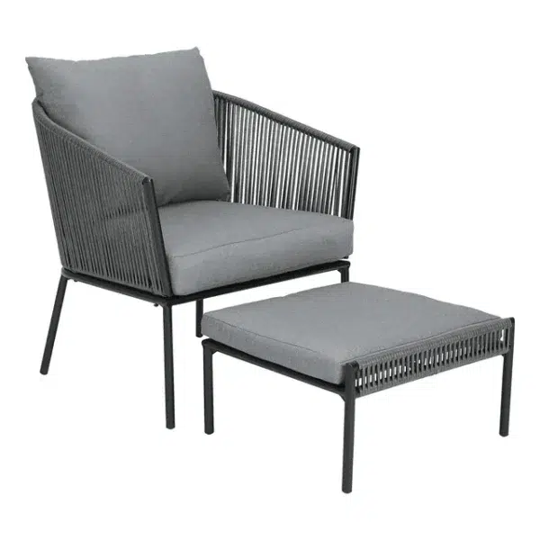 Rope chair and center table patio set in modern outdoor garden setting