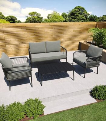 “4 seater outdoor indoor sofa set with cushions and center table, stylish patio furniture for garden, balcony, or living room”