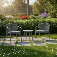 Outdoor 3 Piece Waterproof Rope Chairs With Cushion & Table Ideal for Garden, Balcony, Poolside, Terrace, Living Room, Lawn, Deck (Grey & Dark Grey)