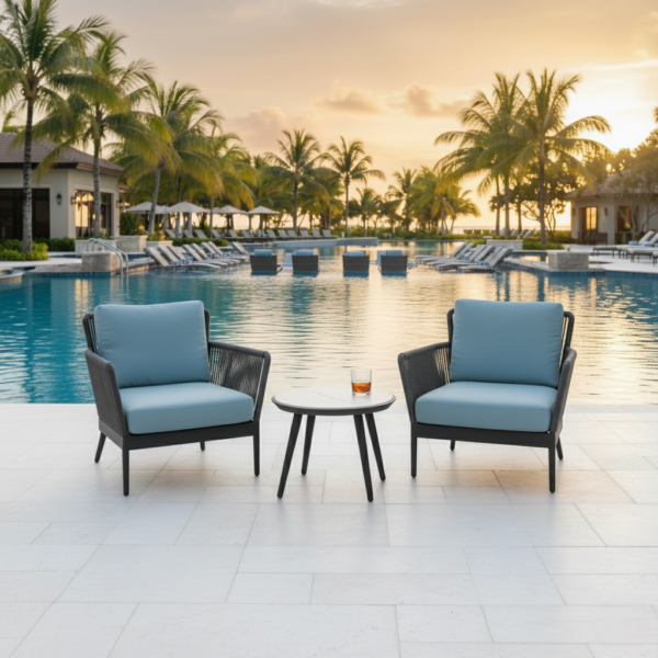 Outdoor Rope Patio Bistro Set with Glass Top Table and Cushions for Garden, Deck, Lawn, Poolside, Porch, Balcony (Grey Rope & Sky-blue Cushions)