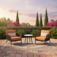 All-Weather Resistant Outdoor 3-Piece Patio Handwoven Gray Rope with Orange Cushions & Coffee Table Perfect for Outdoor & Indoor (Grey Rope & Orange Cushions)
