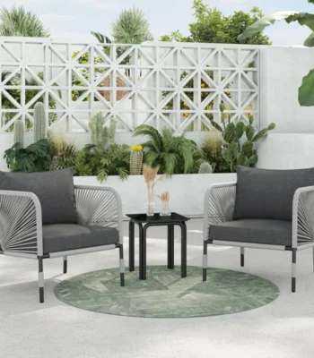 “3 piece outdoor patio bistro set with two chairs and table, compact garden balcony furniture for coffee or casual seating”