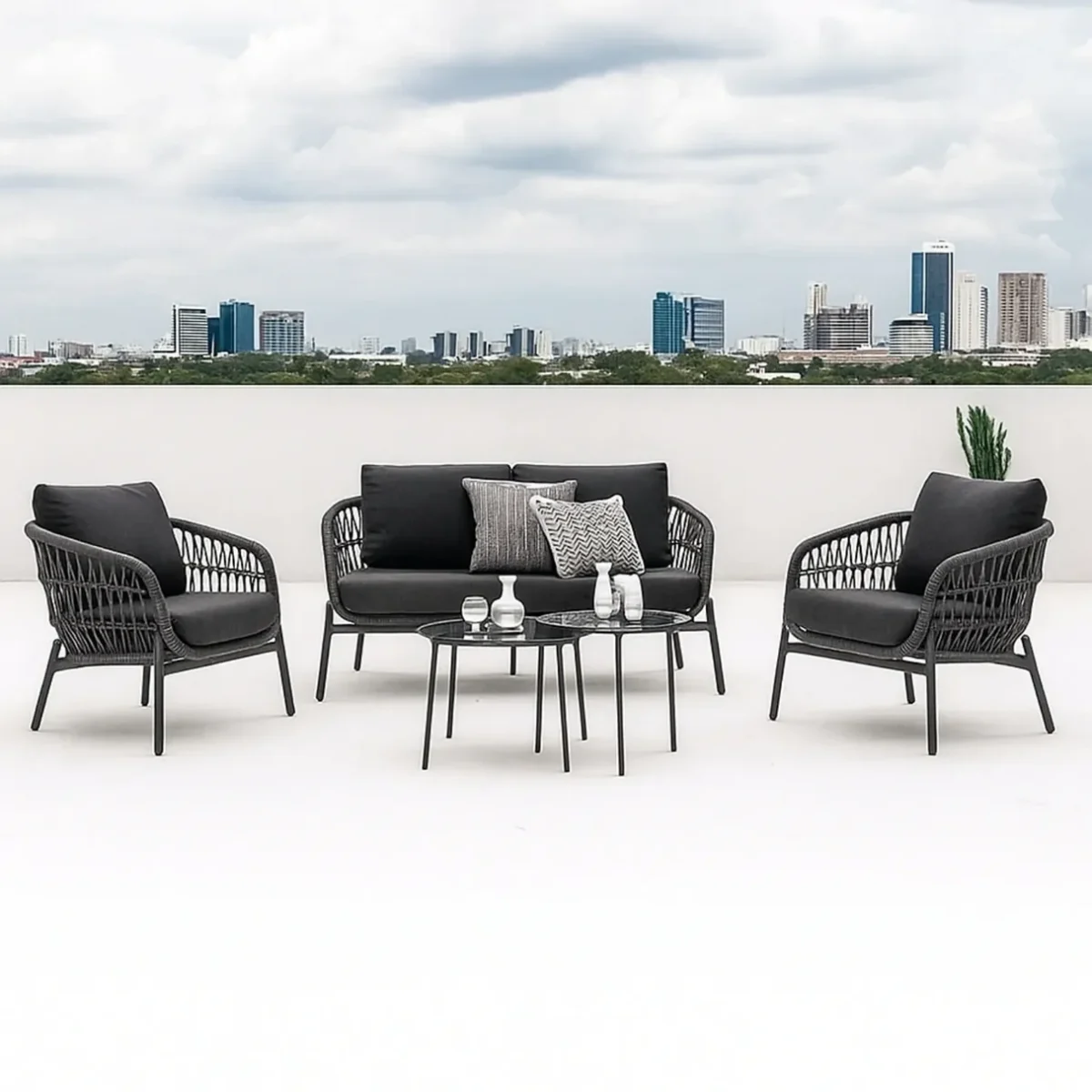 “Luxury rope design outdoor 4-seater sofa set with table for modern patio and balcony furniture”