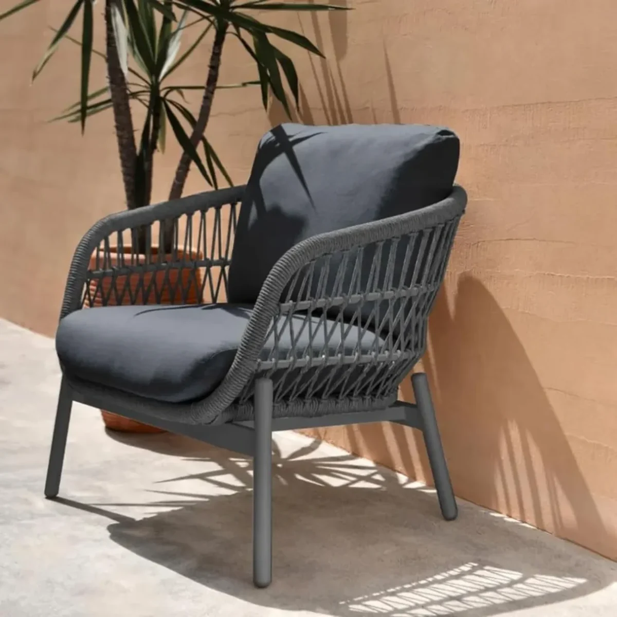“Elegant rope sofa furniture set 4-seater with table, stylish outdoor seating for garden or patio”